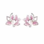 Lotus Flower Stud Earrings 925 Sterling Silver Pink Enamel Pearl for Women