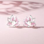 Lotus Flower Stud Earrings 925 Sterling Silver Pink Enamel Pearl for Women