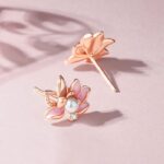 Lotus Flower Stud Earrings 925 Sterling Silver Pink Enamel Pearl for Women