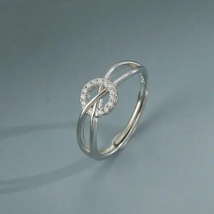 925 Sterling Silver Circle Ring for Women, Adjustable Open Band with Cubic Zirconia, Geometric Interlocking Minimalist Daily Jewelry