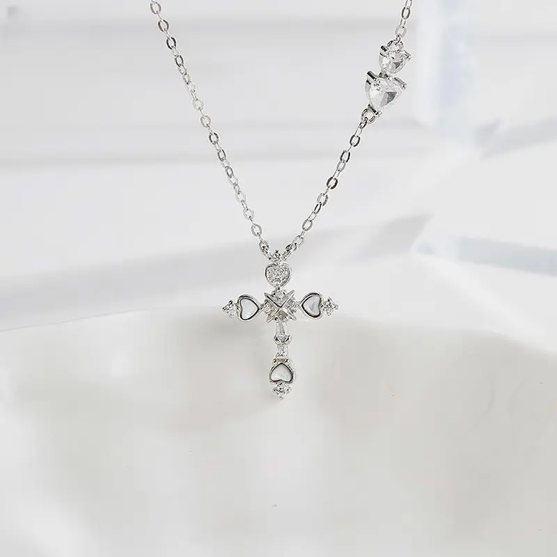925 Sterling Silver Heart Cross Necklace for Women, Mother of Pearl CZ Star Charm O-Chain, Summer Beach Jewelry Gift for Her