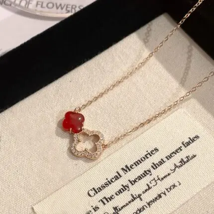 Four Leaf Clover Necklace 925 Sterling Silver Red Jade Pendant, Rose Gold O-Chain for Women, New Chinese Style Lucky Charm Jewelry Gift