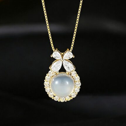 White Chalcedony Bow Pendant Necklace 925 Sterling Silver CZ for Women