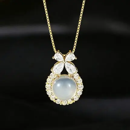White Chalcedony Bow Pendant Necklace 925 Sterling Silver CZ for Women