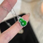 925 Sterling Silver Green African Jade Gourd Pendant Necklace, Bow Knot Bail, 40+5cm Chain, Vintage Chinese Style for Women