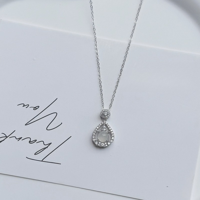 01-21 925 Sterling Silver Teardrop Chalcedony Pendant Necklace for Women Pave CZ Halo Drop Charm 40+5cm Collar Chain African Jade Vintage