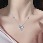 925 Sterling Silver Sparkling Bow Pendant Necklace for Women with Star Charms, 40+5cm Dainty Collarbone Chain, Daily Commute Gift