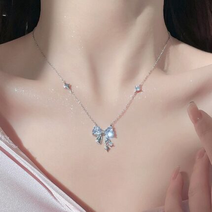 925 Sterling Silver Sparkling Bow Pendant Necklace for Women with Star Charms, 40+5cm Dainty Collarbone Chain, Daily Commute Gift