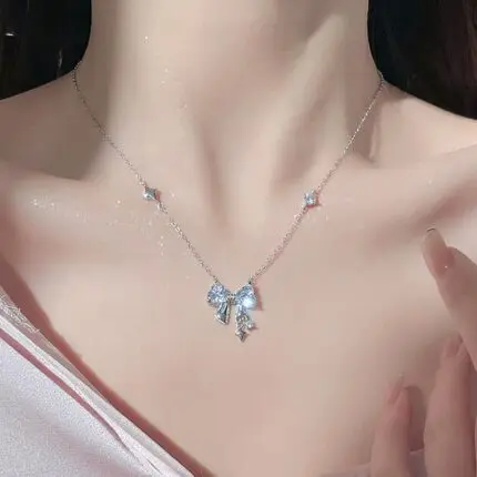 925 Sterling Silver Sparkling Bow Pendant Necklace for Women with Star Charms, 40+5cm Dainty Collarbone Chain, Daily Commute Gift