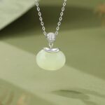 Hetian Jade Necklace 925 Sterling Silver Round Green Nephrite Charm 40+5cm Chain for Women, CZ Accent Oriental Minimalist Jewelry