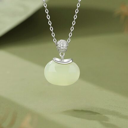 Hetian Jade Necklace 925 Sterling Silver Round Green Nephrite Charm 40+5cm Chain for Women, CZ Accent Oriental Minimalist Jewelry