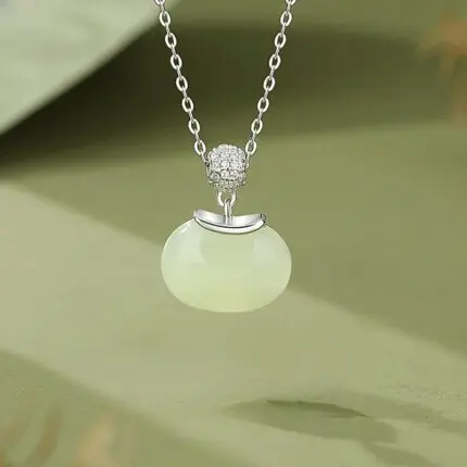 Hetian Jade Necklace 925 Sterling Silver Round Green Nephrite Charm 40+5cm Chain for Women, CZ Accent Oriental Minimalist Jewelry