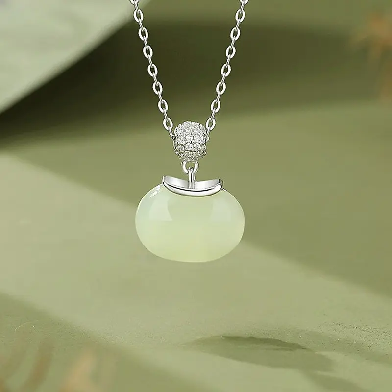 Hetian Jade Necklace 925 Sterling Silver Round Green Nephrite Charm 40+5cm Chain for Women, CZ Accent Oriental Minimalist Jewelry