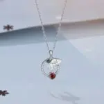 925 Sterling Silver Mistletoe Leaf Necklace with Red Green CZ, Geometric Open Circle Pendant Choker for Women, Christmas Gift 40+5cm