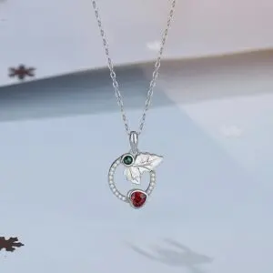 925 Sterling Silver Mistletoe Leaf Necklace with Red Green CZ, Geometric Open Circle Pendant Choker for Women, Christmas Gift 40+5cm