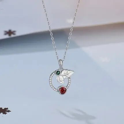 925 Sterling Silver Mistletoe Leaf Necklace with Red Green CZ, Geometric Open Circle Pendant Choker for Women, Christmas Gift 40+5cm