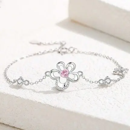 925 Sterling Silver Flower Bracelet for Women, Pink Crystal Clover Charm on Dainty Chain, Sweet Botanical Jewelry, Travel Gift