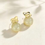 Sokila Butterfly Stud Earrings 925 Sterling Silver 14K Gold Plated Hetian Jade Round Bead Vintage Chinese Style Jewelry Gift