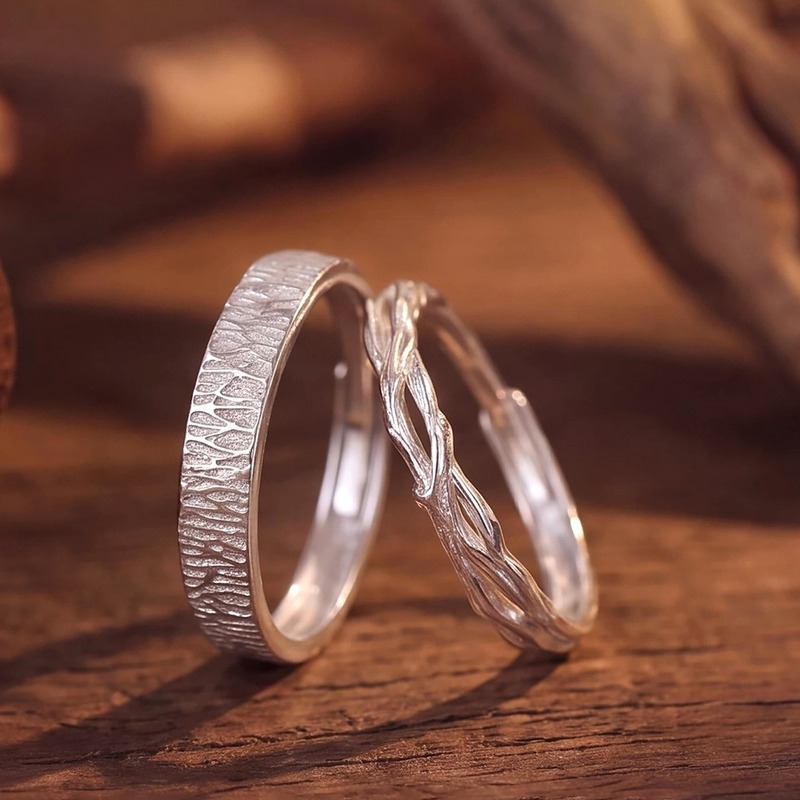 Matching Couple Rings 999 Fine Silver Adjustable Band, Tree Branch & Geometric Texture, Valentine's Day Gift for Him and Her