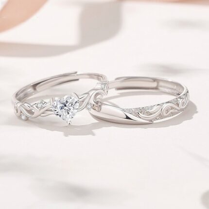 925 Sterling Silver Matching Couple Rings, Adjustable Open Band with Vine Scroll Engraving, His and Hers Anniversary Promise Gift Set