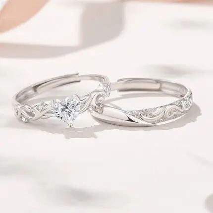 925 Sterling Silver Matching Couple Rings, Adjustable Open Band with Vine Scroll Engraving, His and Hers Anniversary Promise Gift Set