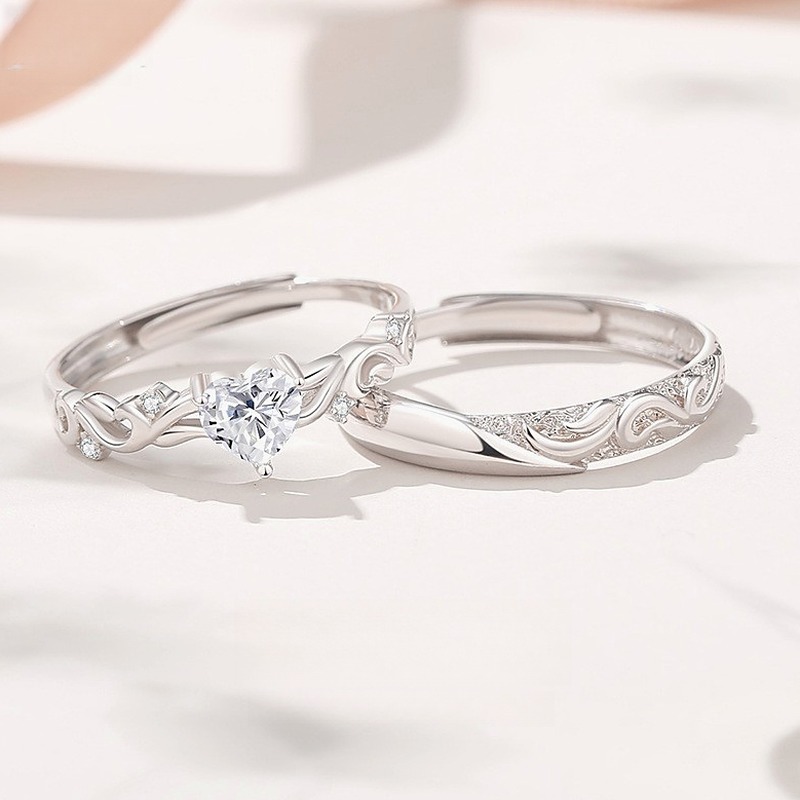 925 Sterling Silver Matching Couple Rings, Adjustable Open Band with Vine Scroll Engraving, His and Hers Anniversary Promise Gift Set