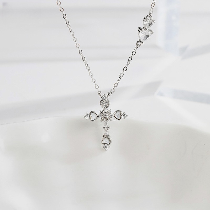925 Sterling Silver Heart Cross Necklace for Women, Mother of Pearl CZ Star Charm O-Chain, Summer Beach Jewelry Gift for Her