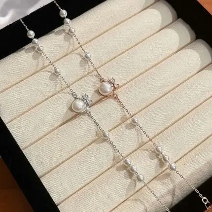 Pearl Bow Bracelet 925 Sterling Silver for Women, French Vintage Elegant Beaded Chain Jewelry, Travel Souvenir Gift