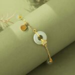 Hetian Jade Peace Buckle Bracelet for Women, 18K Gold Plated 925 Sterling Silver Chinese Lucky Amulet Jewelry, Retro Ethnic Travel Gift