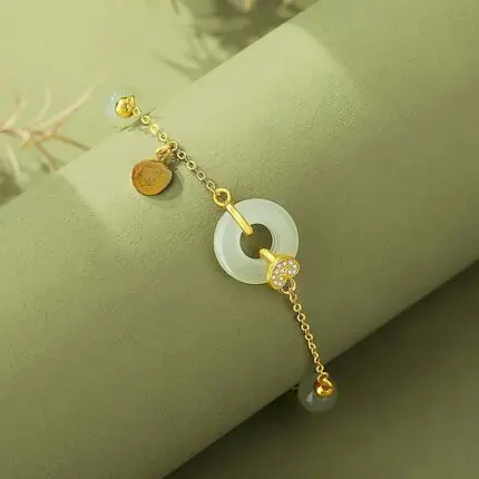 Hetian Jade Peace Buckle Bracelet for Women, 18K Gold Plated 925 Sterling Silver Chinese Lucky Amulet Jewelry, Retro Ethnic Travel Gift