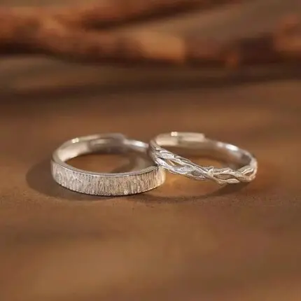 Matching Couple Rings 999 Fine Silver Adjustable Band, Tree Branch & Geometric Texture, Valentine's Day Gift for Him and Her
