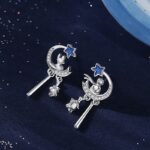 Little Prince and Fox Earrings 925 Sterling Silver Crescent Moon and Star Dangle Design with Blue Cubic Zirconia Rose for Women Gift