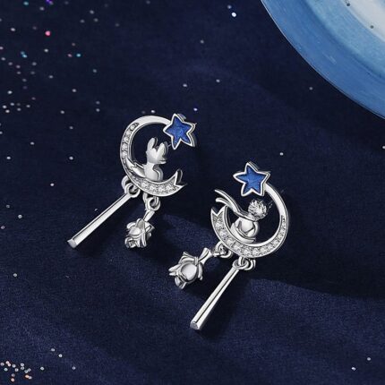 Little Prince and Fox Earrings 925 Sterling Silver Crescent Moon and Star Dangle Design with Blue Cubic Zirconia Rose for Women Gift