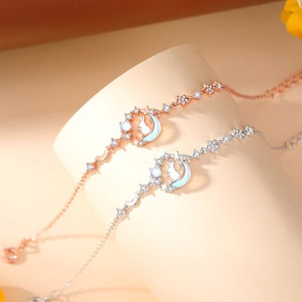925 Sterling Silver Moonstone Rabbit Bracelet for Women, Bunny Charm, Crescent Moon Celestial Star Jewelry, Travel Souvenir Gift