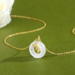 White Chalcedony Peace Buckle Necklace 925 Sterling Silver Wheat Ear Pendant, 14K Gold Plated Chinese Style Jewelry for Women