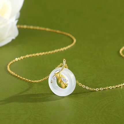 White Chalcedony Peace Buckle Necklace 925 Sterling Silver Wheat Ear Pendant, 14K Gold Plated Chinese Style Jewelry for Women