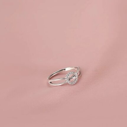 925 Sterling Silver Circle Ring for Women, Adjustable Open Band with Cubic Zirconia, Geometric Interlocking Minimalist Daily Jewelry