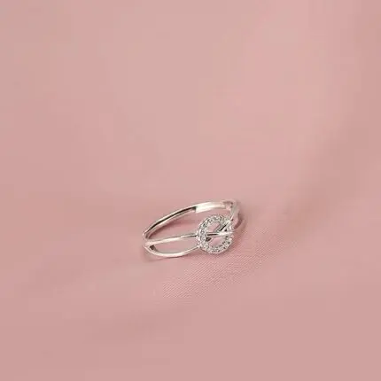 925 Sterling Silver Circle Ring for Women, Adjustable Open Band with Cubic Zirconia, Geometric Interlocking Minimalist Daily Jewelry