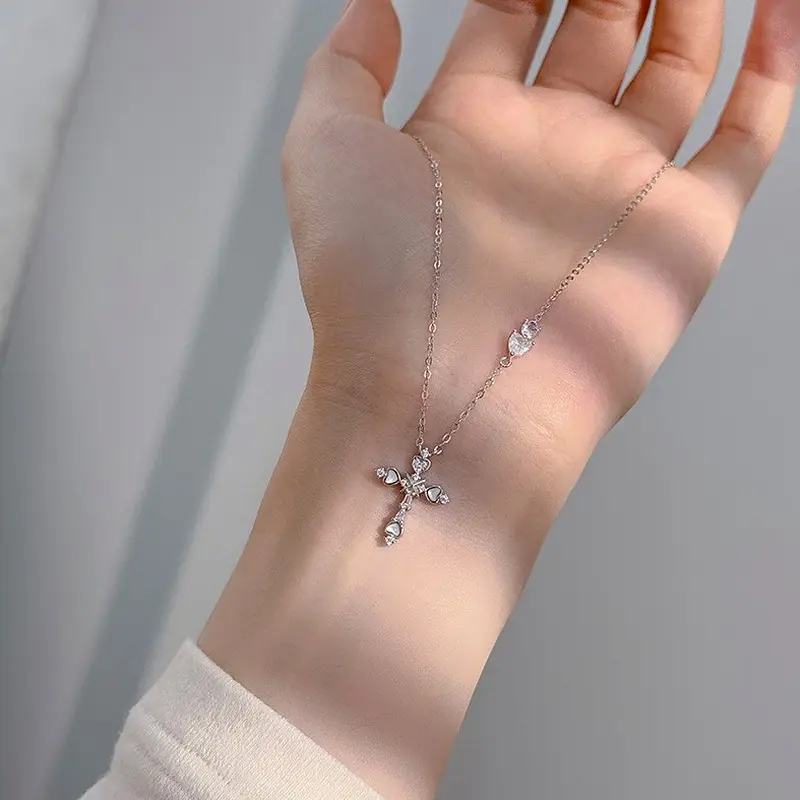 925 Sterling Silver Heart Cross Necklace for Women, Mother of Pearl CZ Star Charm O-Chain, Summer Beach Jewelry Gift for Her