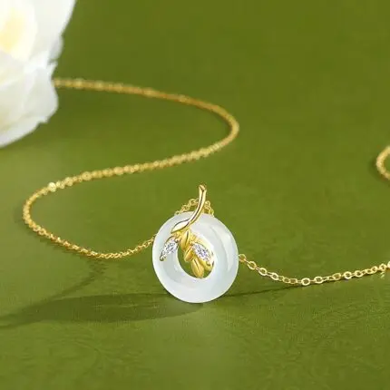 White Chalcedony Peace Buckle Necklace 925 Sterling Silver Wheat Ear Pendant, 14K Gold Plated Chinese Style Jewelry for Women