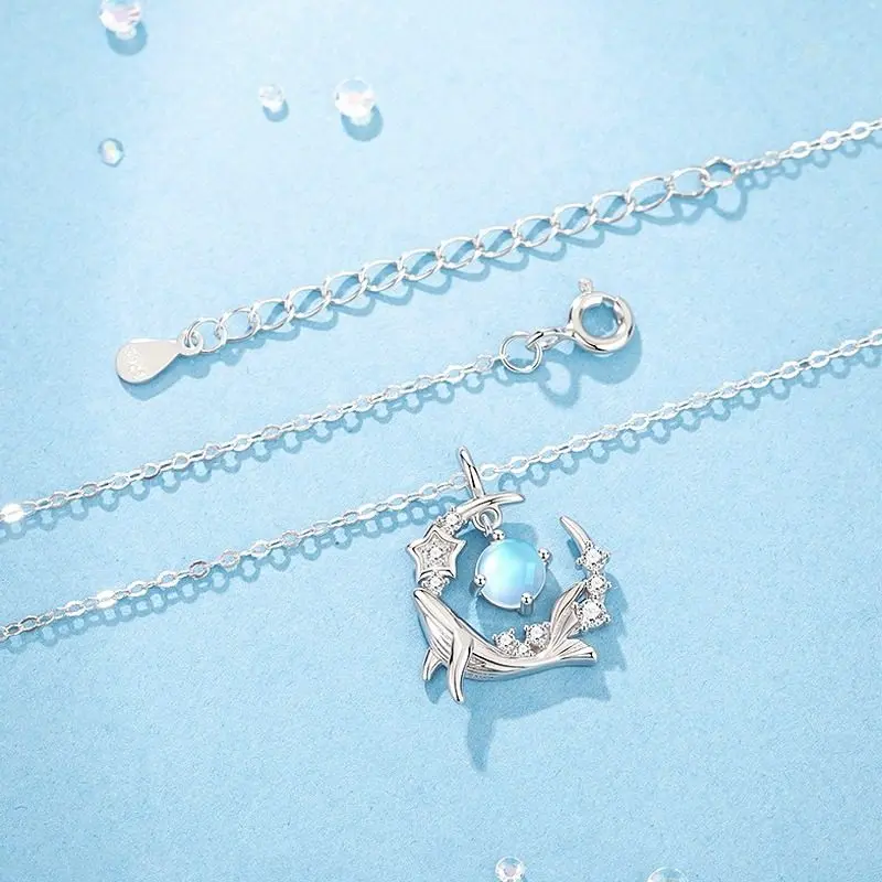 Moonstone Whale Pendant Necklace 925 Sterling Silver Star Charm Celestial Ocean Jewelry for Women 40+5cm Chain