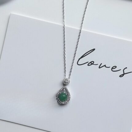 925 Sterling Silver Teardrop Chalcedony Pendant Necklace for Women Pave CZ Halo Drop Charm 40+5cm Collar Chain African Jade Vintage