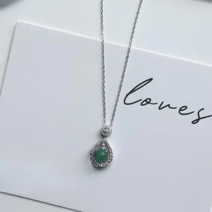 925 Sterling Silver Teardrop Chalcedony Pendant Necklace for Women Pave CZ Halo Drop Charm 40+5cm Collar Chain African Jade Vintage