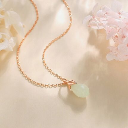 White Hetian Jade Magnolia Pendant Necklace 925 Sterling Silver, Rose Gold Plated Teardrop, 40+5cm Chain, Daily Wear Gift for Women