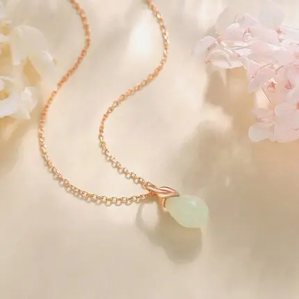 White Hetian Jade Magnolia Pendant Necklace 925 Sterling Silver, Rose Gold Plated Teardrop, 40+5cm Chain, Daily Wear Gift for Women