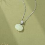 Hetian Jade Necklace 925 Sterling Silver Round Green Nephrite Charm 40+5cm Chain for Women, CZ Accent Oriental Minimalist Jewelry