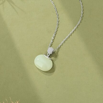 Hetian Jade Necklace 925 Sterling Silver Round Green Nephrite Charm 40+5cm Chain for Women, CZ Accent Oriental Minimalist Jewelry