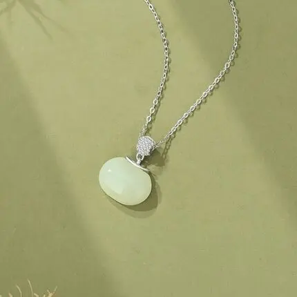 Hetian Jade Necklace 925 Sterling Silver Round Green Nephrite Charm 40+5cm Chain for Women, CZ Accent Oriental Minimalist Jewelry
