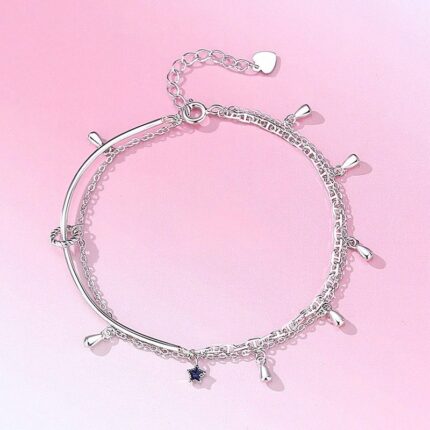 925 Sterling Silver Star Charm Bracelet for Women, Tassel Bangle, Adjustable Blue Stone Jewelry, Summer Travel Gift