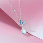 925 Sterling Silver Moonstone Butterfly Pendant Necklace, Blue Enamel Teardrop Charm, 40+5cm Chain for Women